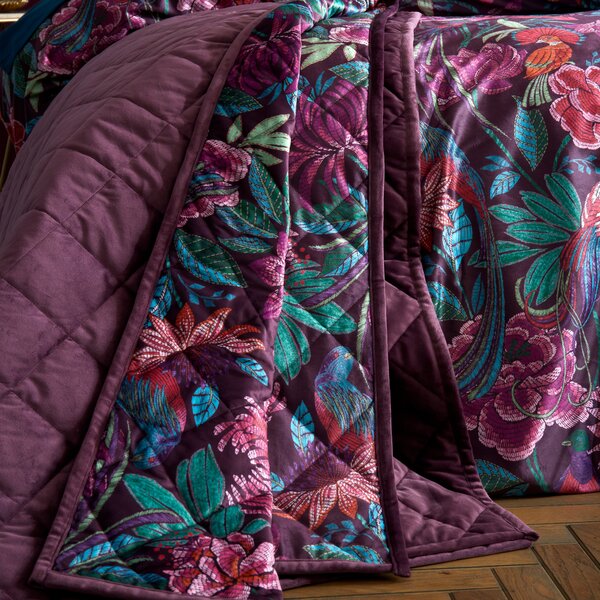 Bridgerton Kate Floral Velvet Bedspread 220cm x 230cm Plum