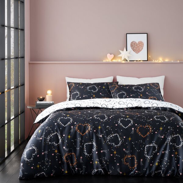 Catherine Lansfield Cosmic Hearts And Stars Duvet Cover Bedding Set Black