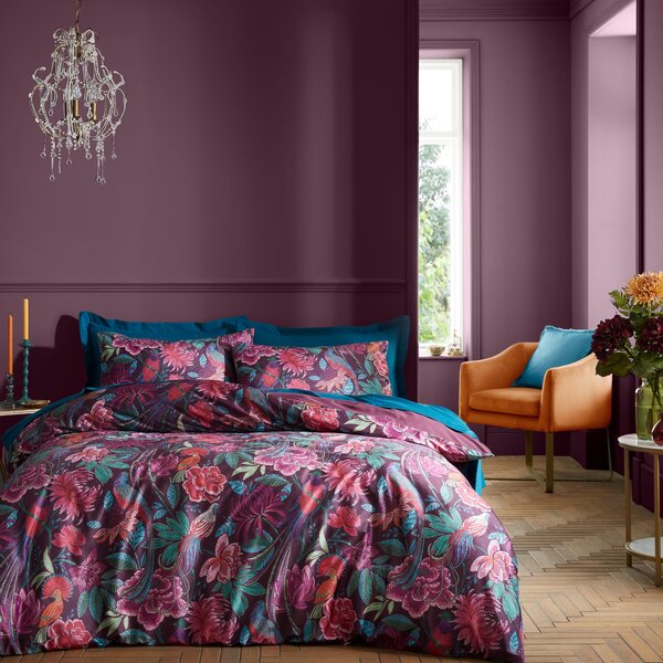 Bridgerton Kate Floral Velvet Duvet Cover Bedding Set Plum