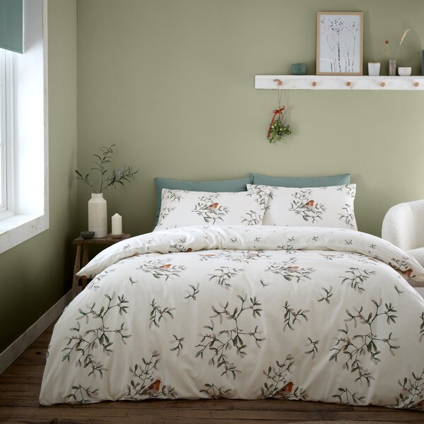 Catherine Lansfield Mistletoe Robins Brushed Duvet Cover Bedding Set Cream