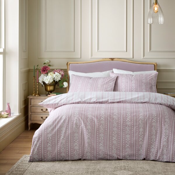 Bridgerton Regency Stripe Floral Print Duvet Cover Bedding Set Pink