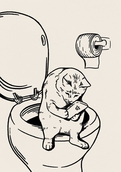 Art Print Cat on Toilet in black, Tara Royle