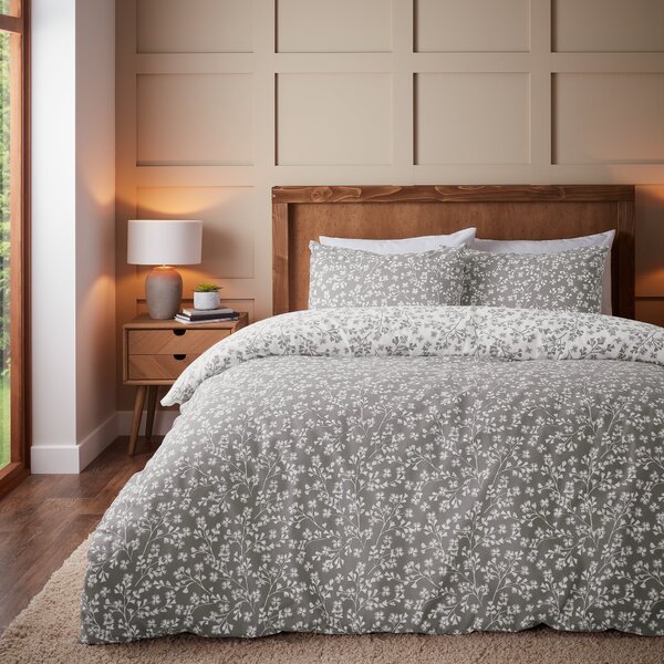 Catherine Lansfield Grace Floral Leaf Brushed Duvet Cover Bedding Set Grey