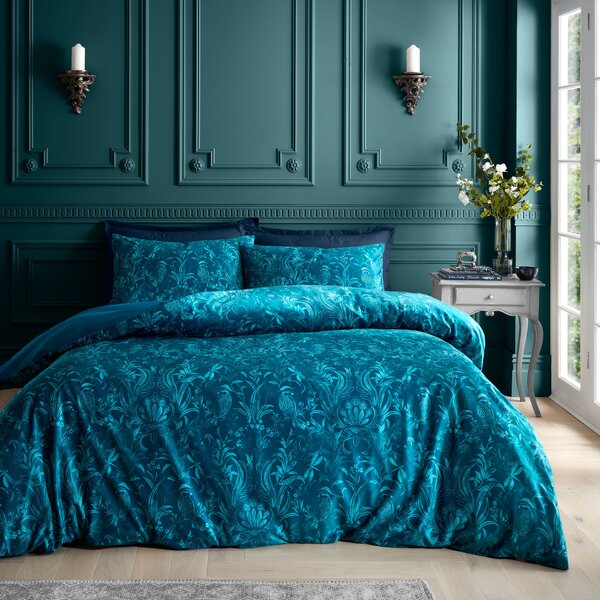 Bridgerton Regal Birds Velvet Damask Duvet Cover Bedding Set Teal