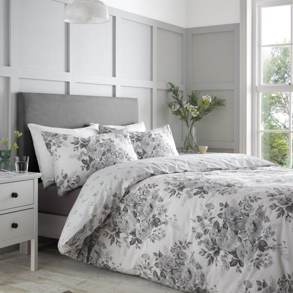 Catherine Lansfield Elinda Floral Duvet Cover Bedding Set Grey