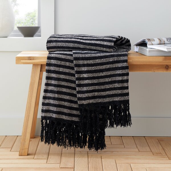 Catherine Lansfield Stripe Chenille Tassel 130cm x 170cm Throw Black