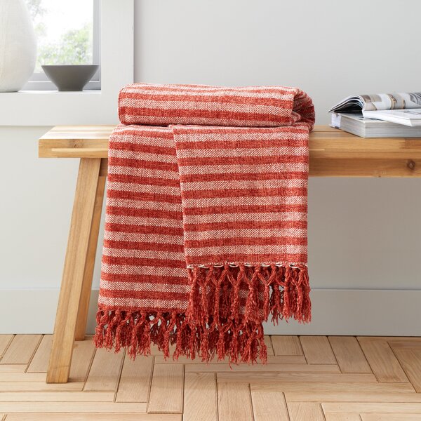 Catherine Lansfield Stripe Chenille Tassel 130cm x 170cm Throw Terracotta