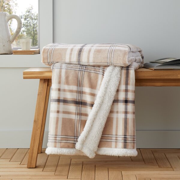 Catherine Lansfield Kelso Check Sherpa Lined 130cm x 170cm Throw Natural