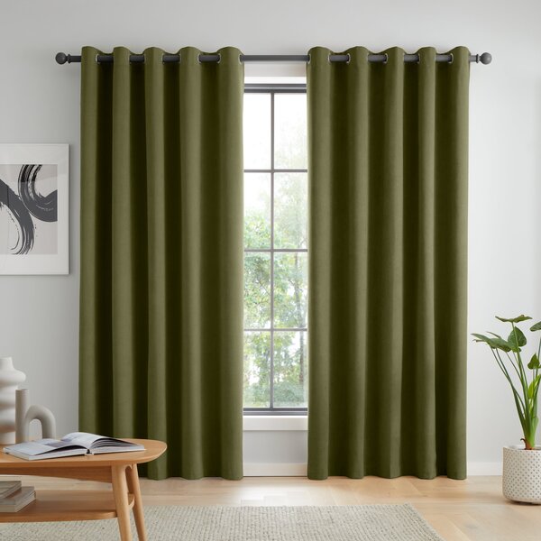 Catherine Lansfield Wilson Velvet Thermal Ready Made Eyelet Blackout Curtains Green