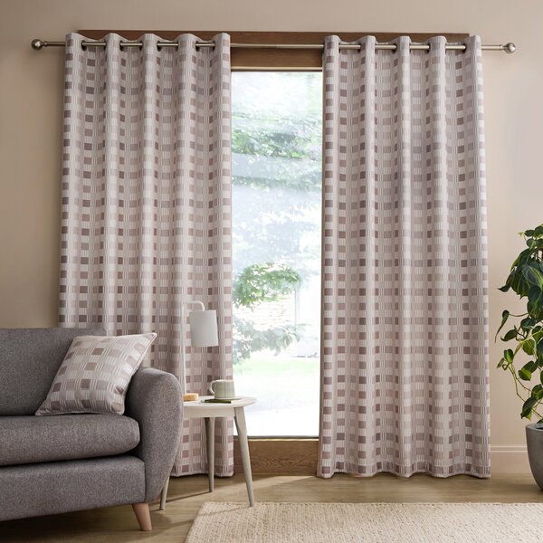 Catherine Lansfield Wilson Check Thermal Ready Made Eyelet Blackout Curtains Natural