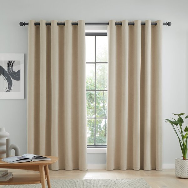 Catherine Lansfield Wilson Velvet Thermal Ready Made Eyelet Blackout Curtains Natural