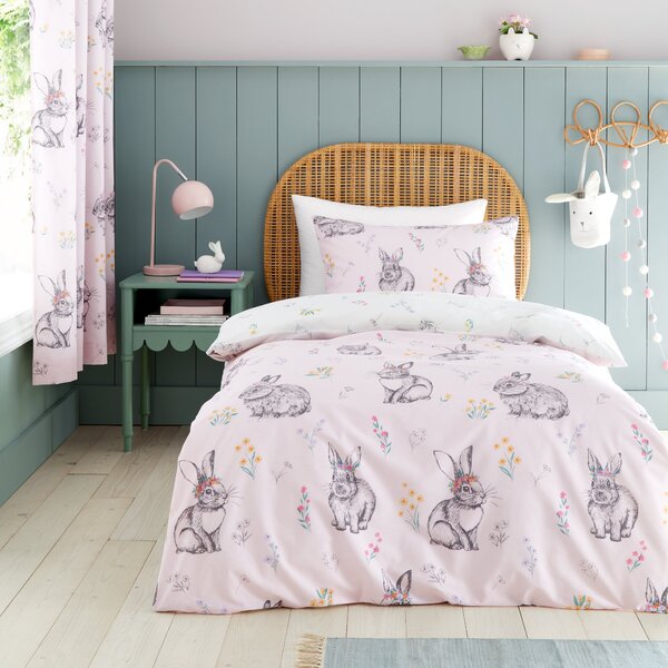 Catherine Lansfield Bunny Tails Ditsy Flower Duvet Cover Bedding Set Pink White