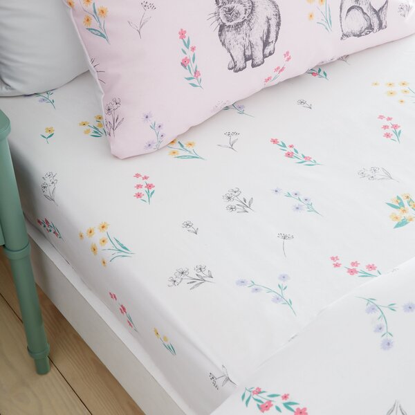 Catherine Lansfield Bunny Tails Ditsy Flower Bed Linen Fitted Sheet Pink White