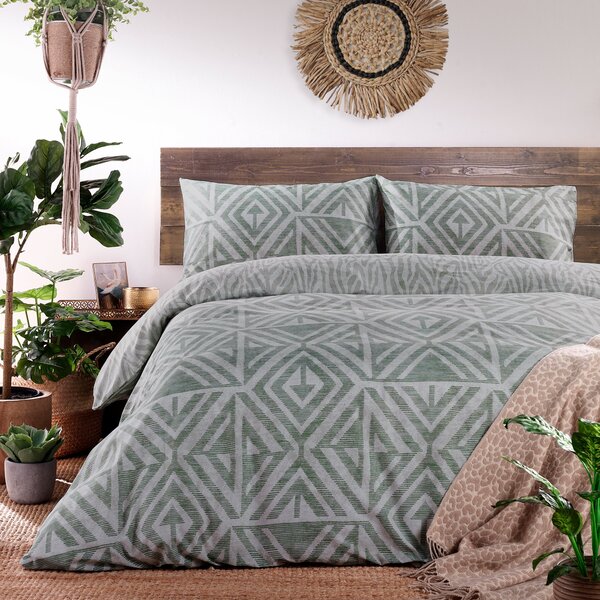 Furn. Tanza Desert Sage Duvet Cover & Pillowcase Set White/Green