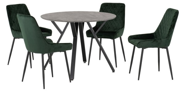 Athens Round Concrete Effect Dining Table with 4 Avery Green Dining Chairs Emerald Green