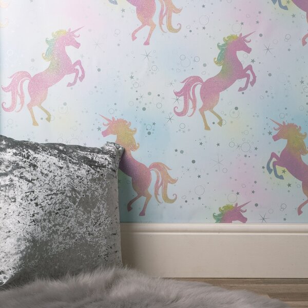Coloroll Dancing Unicorn Pink Wallpaper Pink, Blue and Green