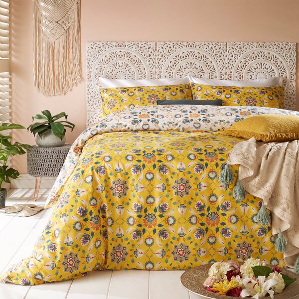 Furn. Folk Flora Ochre Reversible Duvet Cover and Pillowcase Set Yellow/Blue/White