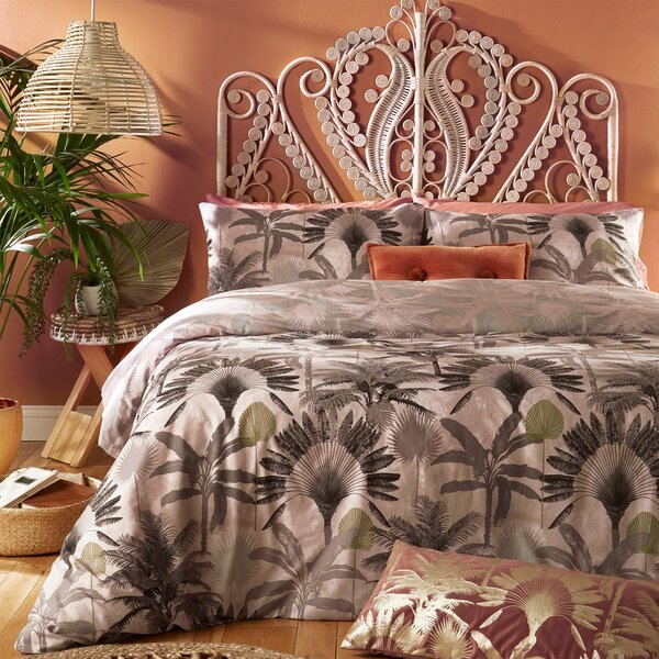 Furn. Malaysian Palm Blush Floral Reversible Duvet Cover and Pillowcase Set Beige