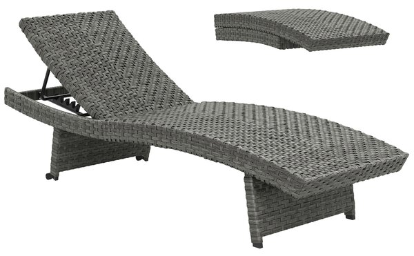 Outsunny Outdoor PE Rattan Sun Lounger, Folding Wicker Garden Lounger Recliner with 4-Level Adjustable Backrest, Rolling Sunbed Lounge Chair with Wheels, Non-Slip Legs for Balcony, Beach, Mixed-grey