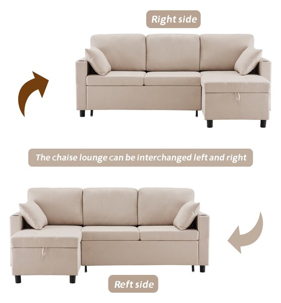 Linen Look L-Shaped Corner Sofa Bed with Storage, 3 Seater Convertible Settee with Cup Holders and Magazine Pockets, 212x141x87.5 cm, Beige Aosom UK