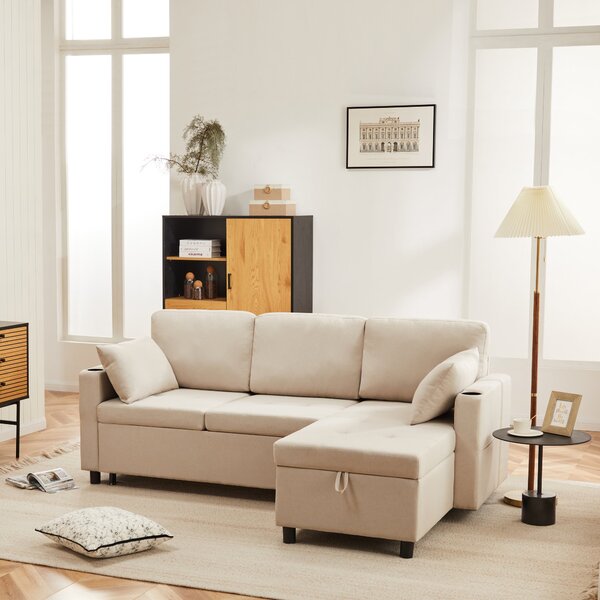 Linen Look L-Shaped Corner Sofa Bed with Storage, 3 Seater Convertible Settee with Cup Holders and Magazine Pockets, 212x141x87.5 cm, Beige Aosom UK