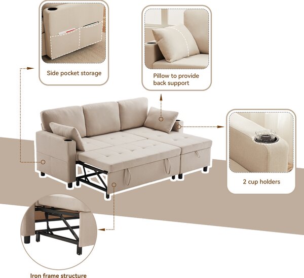 Linen Look L-Shaped Corner Sofa Bed with Storage, 3 Seater Convertible Settee with Cup Holders and Magazine Pockets, 212x141x87.5 cm, Beige Aosom UK