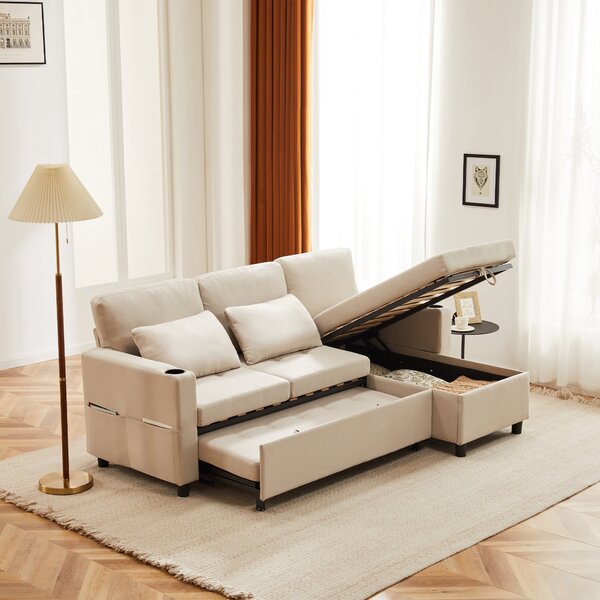 Linen Look L-Shaped Corner Sofa Bed with Storage, 3 Seater Convertible Settee with Cup Holders and Magazine Pockets, 212x141x87.5 cm, Beige Aosom UK