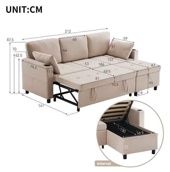 Linen Look L-Shaped Corner Sofa Bed with Storage, 3 Seater Convertible Settee with Cup Holders and Magazine Pockets, 212x141x87.5 cm, Beige Aosom UK