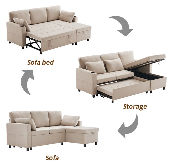 Linen Look L-Shaped Corner Sofa Bed with Storage, 3 Seater Convertible Settee with Cup Holders and Magazine Pockets, 212x141x87.5 cm, Beige Aosom UK