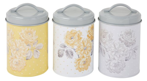 Ashbourne Printed Set of 3 Canisters Grey, Yellow and White