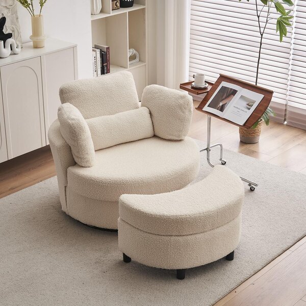 Teddy 360° Swivel Armchair Set with 3 Back Cushions and Crescent Ottoman Stool, Single Sofa for Living room, 107L x 105W x 82H cm, White Aosom.UK