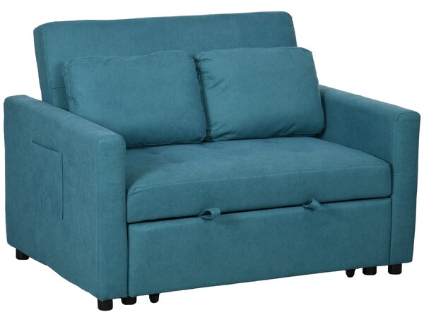 HOMCOM Loveseat Sofa Bed, Convertible Bed Settee with 2 Cushions, Side Pockets for Living Room, Guest Room, Blue Aosom UK