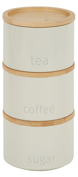 Cream Set of 3 Metal Stacking Canisters with Bamboo Lids Cream