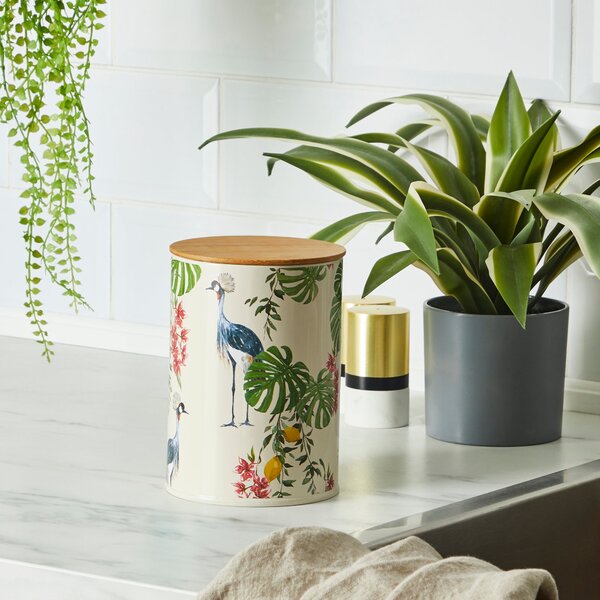 Metal Canister with Bamboo Lid Crane Tropics Cream
