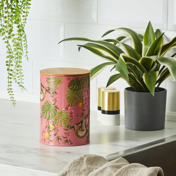 Metal Canister with Bamboo Lid Sloth Tropics Pink, Green and Yellow