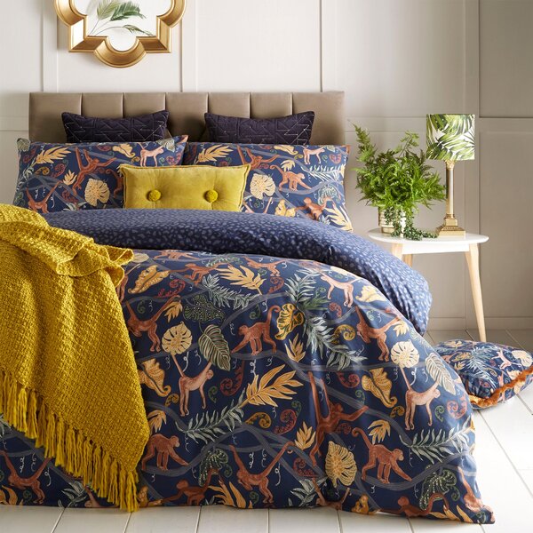 Furn. Monkey Forest Navy Reversible Duvet Cover and Pillowcase Set Navy Blue, Green and Yellow