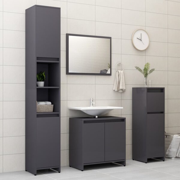4 Piece Bathroom Furniture Set High Gloss Grey Engineered Wood