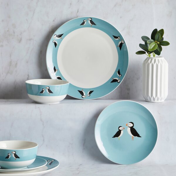 Puffin 12 Piece Dinner Set Blue/White