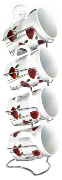 Poppy Set of 4 Mugs on Rack Red / White