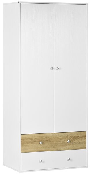 HOMCOM White 2 Door Wardrobe with Drawers, Hanging Rod for Bedroom Clothes Organisation, Storage