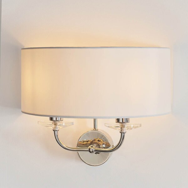 Newton 2 Light Vintage White Fabric Wall Light In Bright Nickel