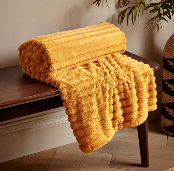 Catherine Lansfield Cosy Ribbed Faux Fur 130x170cm Throw Mustard