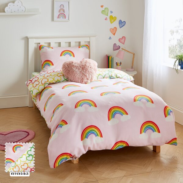 Catherine Lansfield Rainbow Hearts Cosy Fleece Duvet Cover Bedding Set Pink