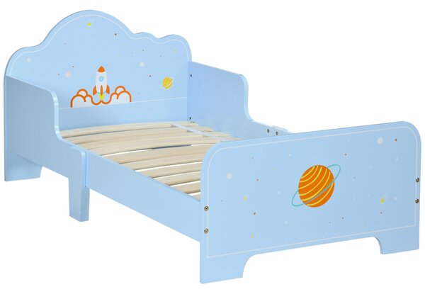 ZONEKIZ Toddler Bed with Rocket & Plants Patterns, Kids Bedroom Furniture, Safety Side Rails, Blue