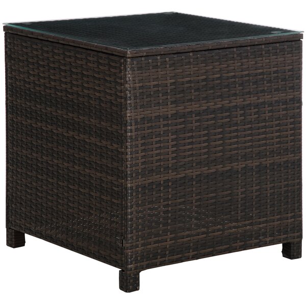 Outsunny Rattan Side Table for Garden Patio, Durable Frame with Tempered Glass Top, Weather-Resistant, Brown