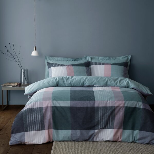 Acton Check Teal Duvet Cover and Pillowcase Set Green/Pink/White