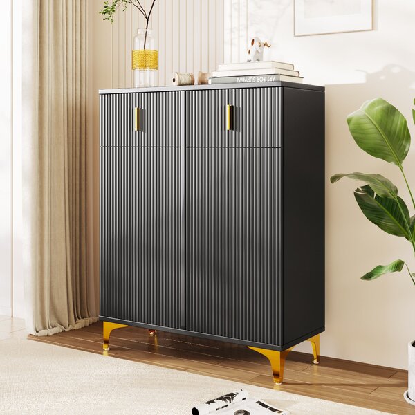 Modern Shoe Cabinet Sideboard with Adjustable Shelves, Gold Details, Push-to-Open Doors, Slim Hallway Storage, 83x35x101 cm, Black Aosom UK
