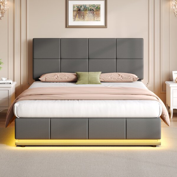 Ottoman Double Bed with PU Leather Finish, Adjustable Headboard, Hydraulic Storage Bed with LED Lighting, 193L x 142W x 111H cm, Grey Aosom UK