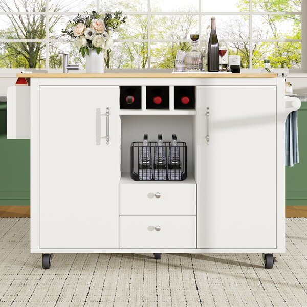 Kitchen Island with Adjustable Shelves, Folding Worktop, Wine Rack, Utility Cart with Towel and Spice Racks, 138L x 73W x 92H cm, White Aosom UK