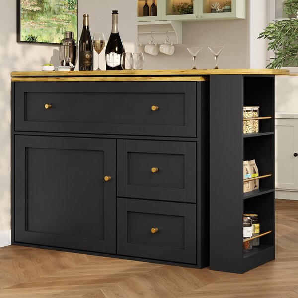 Extendable Bar Table with Storage Space, 360° Rotating Base, Snack Shelf, Bistro Table with Folding Drawers, 204L x 39W x 105H cm, Black Aosom UK